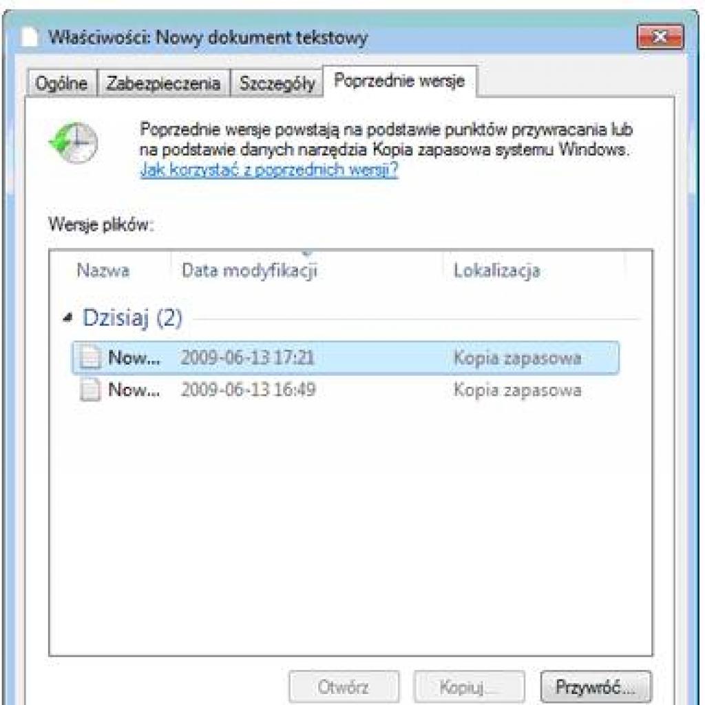 Przywracanie poprzedniej wersji pliku w Windows 7